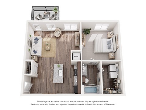 a 1 bedroom floorplan is shown with a wood floor